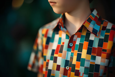 Fashion photo of a mannequin in a colorful shirt.の素材