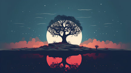 Halloween background with full moon and scary tree. Vector illustration.の素材
