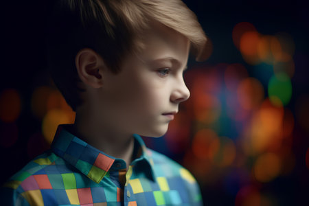 Portrait of a little boy in a colorful shirt on a dark backgroundの素材