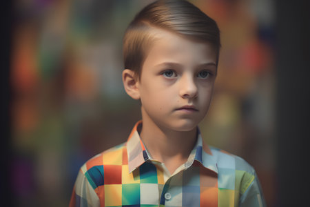 Portrait of a cute little boy in a colorful shirt. Studio shot.の素材
