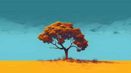 3d illustration of a tree in the desert with blue sky backgroundの素材