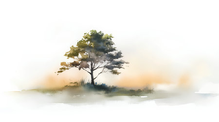 Watercolor illustration of a tree on the shore of a lake.の素材