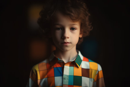 Portrait of a little boy with curly hair in a colorful shirtの素材