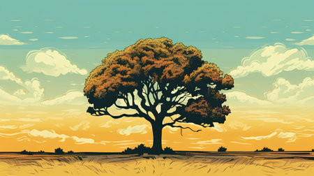 Vector illustration of autumn landscape with oak tree, sunset sky and clouds.の素材