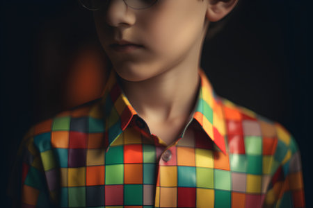 Close-up portrait of a beautiful young woman in a colorful shirt and glassesの素材