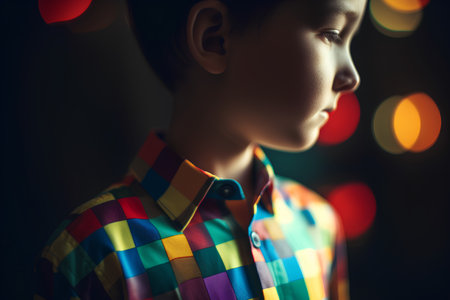 A boy in a colorful shirt on a dark background. Close-up.の素材