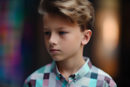 Portrait of a boy in a checkered shirt looking at the cameraの素材
