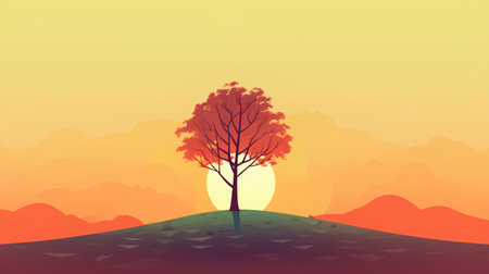 Autumn landscape with a lonely tree on a hill. Vector illustration.の素材