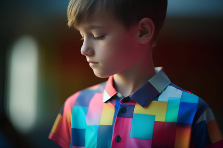 Portrait of a little boy in a colorful shirt on a dark backgroundの素材
