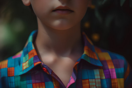 Close-up portrait of a girl in a multicolored shirtの素材