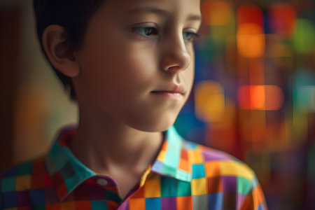 portrait of a little boy in a colorful shirt on a dark backgroundの素材