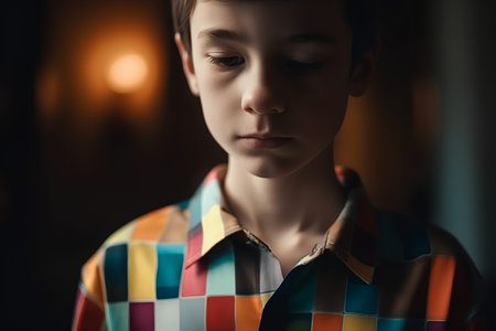 Portrait of a boy in a checkered shirt at nightの素材