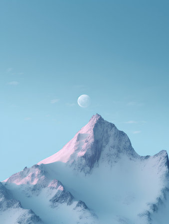 Snowy mountain peak with moon in the sky. 3D illustrationの素材