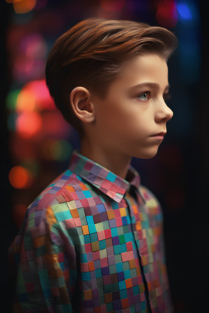 Portrait of a handsome young boy in a colorful shirt. Fashion shot.の素材