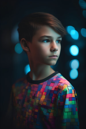 Portrait of a handsome young boy in bright neon light on dark backgroundの素材
