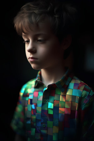 Portrait of a boy in a multicolored shirt on a dark backgroundの素材