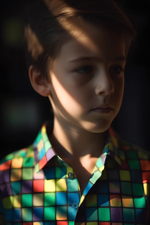 Portrait of a boy in a colorful shirt in the rays of lightの素材