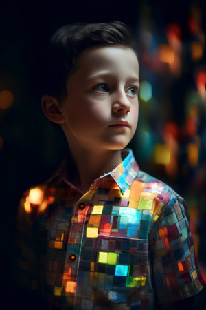 Portrait of a cute little boy in a colorful shirt on a dark backgroundの素材