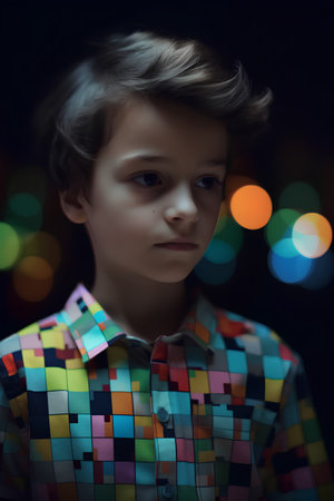 Portrait of a little boy in a colorful shirt on a dark backgroundの素材