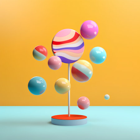 3d render, abstract minimal geometric composition, podium with colorful balls, 3d illustrationの素材