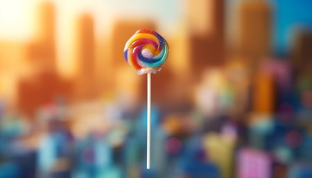 Colorful lollipop on a stick against the backdrop of the cityの素材