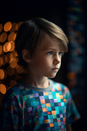 Portrait of a little girl on a dark background with bokehの素材