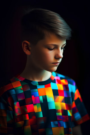 Portrait of a boy in a multicolored shirt on a dark backgroundの素材