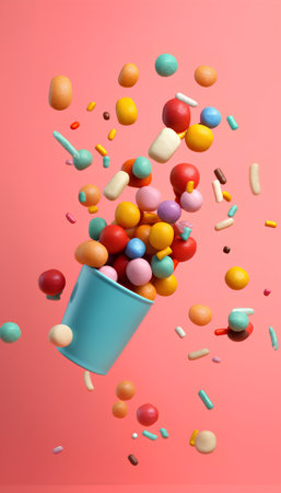 Colorful candies falling into a blue bucket on a pink backgroundの素材