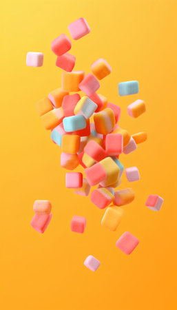 Colorful candies on orange background. Top view with copy spaceの素材