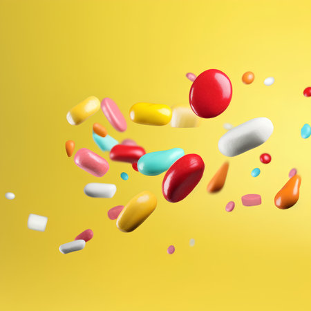 Colorful candies levitate on a yellow background. 3d renderingの素材