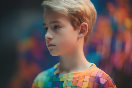 Portrait of a boy in a multicolored t-shirtの素材