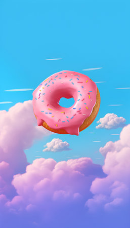 Donut with pink glaze flying in the sky. Vector illustration.の素材