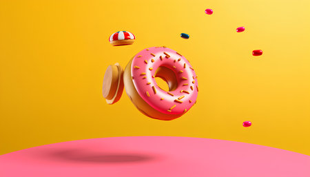 3d render of donut flying in the air on a yellow backgroundの素材
