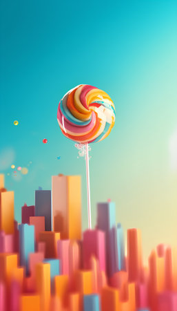 Colorful lollipop on the background of the city. 3d renderingの素材