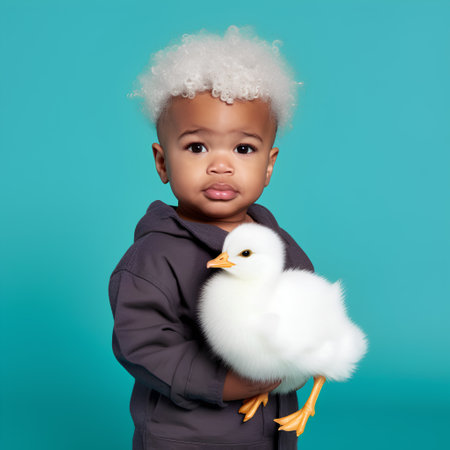 Adorable little african american boy with white fluffy ducklingの素材