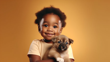 Portrait of a cute african american little girl with puppy on yellow backgroundの素材