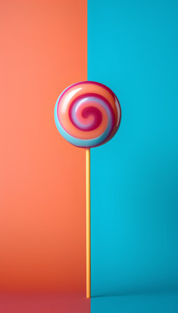 Colorful lollipop on blue and orange background. 3d renderingの素材