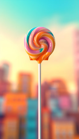 Colorful lollipop on a background of the city. 3d renderingの素材