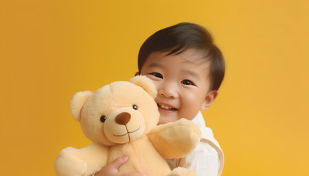 Cute asian child holding a teddy bear on yellow backgroundの素材