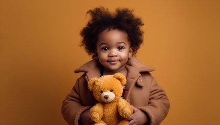 Little african american girl in coat with teddy bear on orange backgroundの素材
