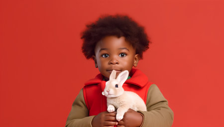 Cute african american little boy with a rabbit on a red backgroundの素材