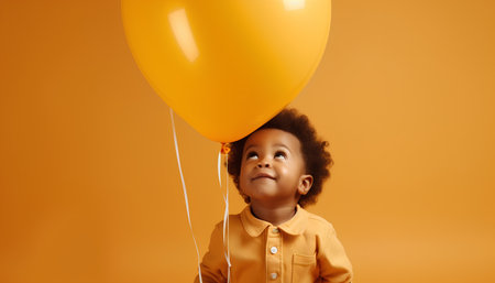Little african-american boy with yellow balloon on orange backgroundの素材