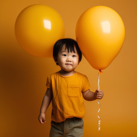 Portrait of a cute little asian boy with orange balloons over yellow backgroundの素材