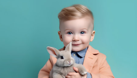 Cute little boy with rabbit on blue background. Cute baby with pet.の素材