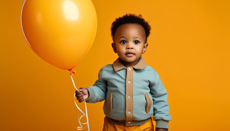 Cute african american boy holding yellow balloon and looking at camera isolated on orangeの素材