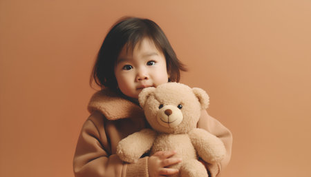 Portrait of little asian girl with teddy bear on brown backgroundの素材