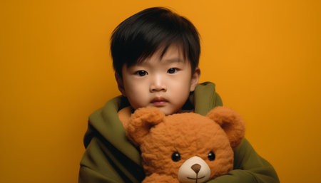 little asian boy with teddy bear on yellow background, closeupの素材