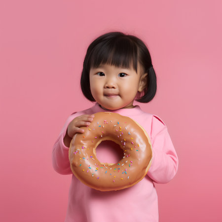 Little asian girl holding a donut on a pink background.の素材
