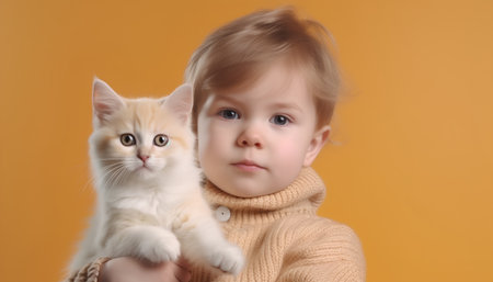 Little girl with a kitten on a yellow background. Studio shot.の素材