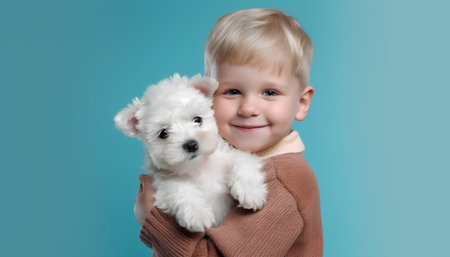 Smiling little boy holding a Maltese puppy on a blue backgroundの素材